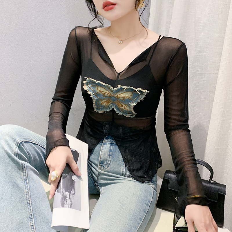 Bow gauze sexy bottoming shirt autumn fashion small shirt