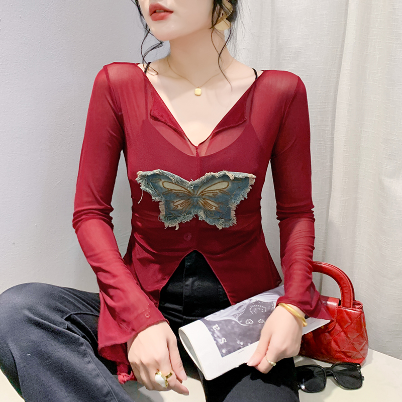 Bow gauze sexy bottoming shirt autumn fashion small shirt