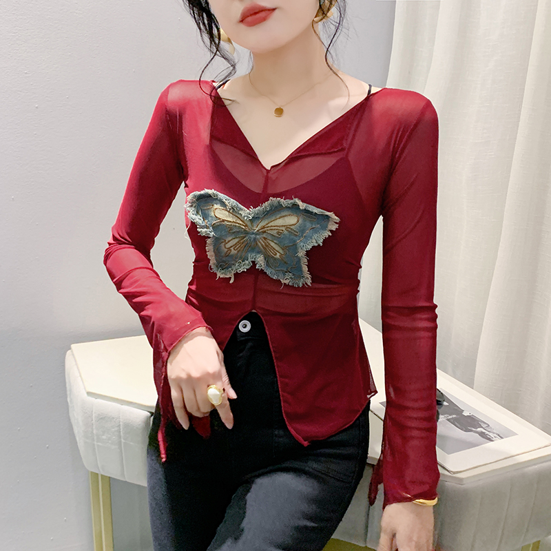 Bow gauze sexy bottoming shirt autumn fashion small shirt