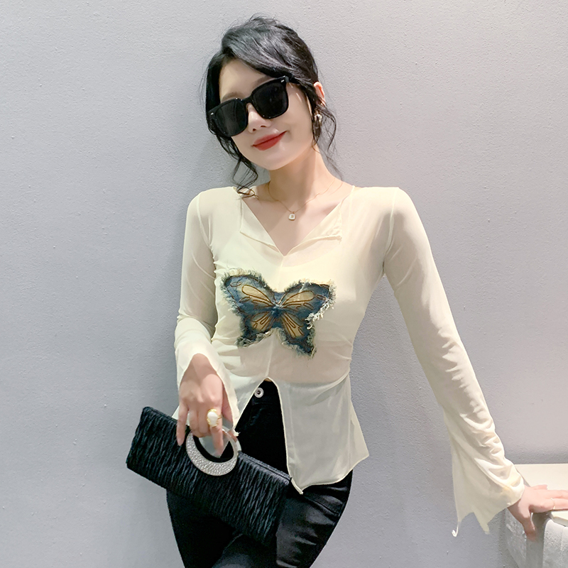 Bow gauze sexy bottoming shirt autumn fashion small shirt