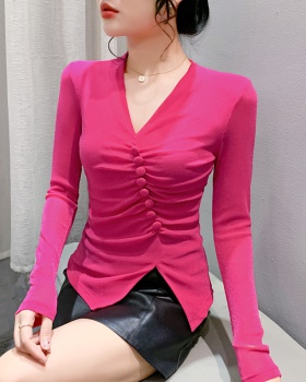 Gauze buckle long sleeve small shirt for women