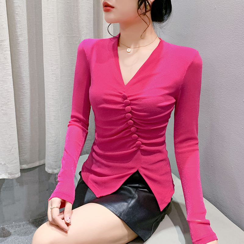 Gauze buckle long sleeve small shirt for women