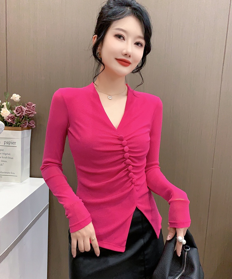 Gauze buckle long sleeve small shirt for women