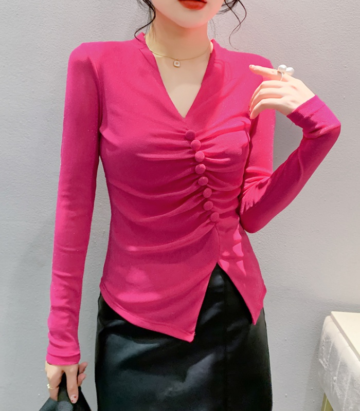 Gauze buckle long sleeve small shirt for women