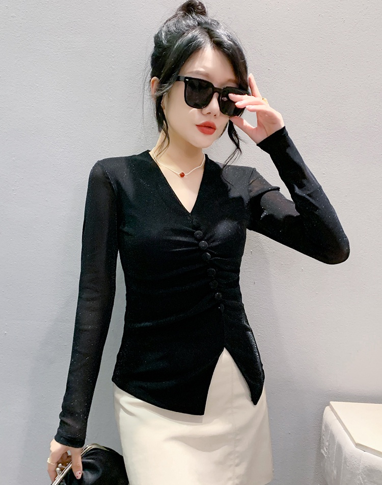 Gauze buckle long sleeve small shirt for women