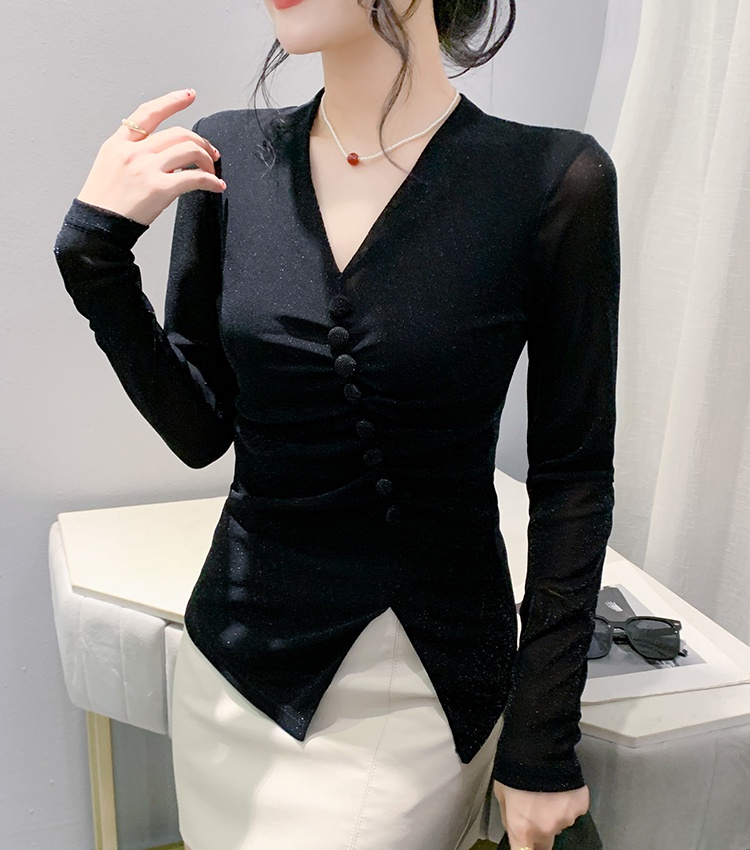 Gauze buckle long sleeve small shirt for women