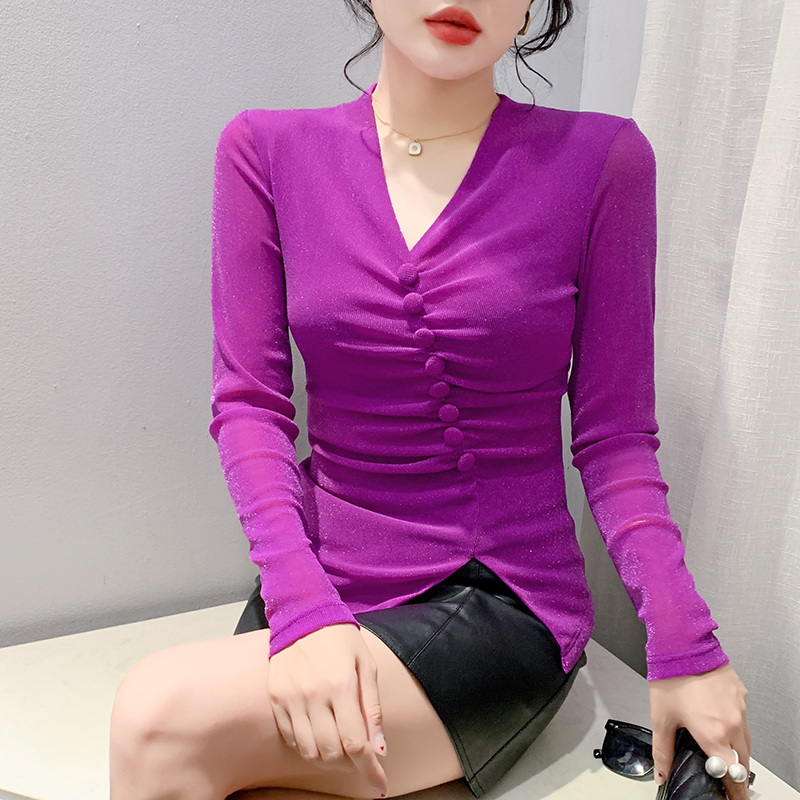 Gauze buckle long sleeve small shirt for women