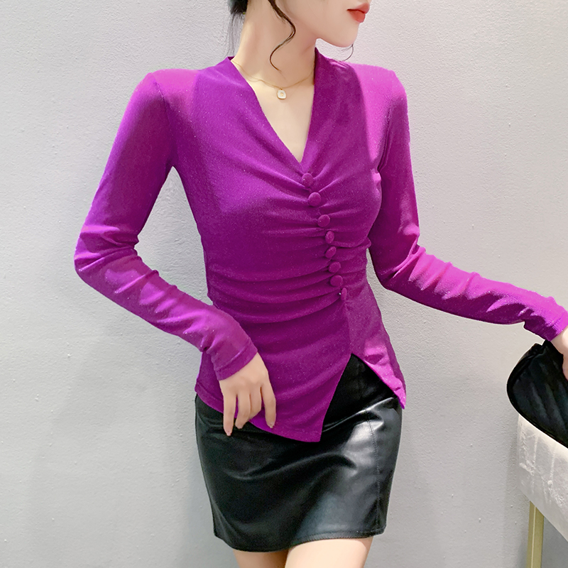 Gauze buckle long sleeve small shirt for women