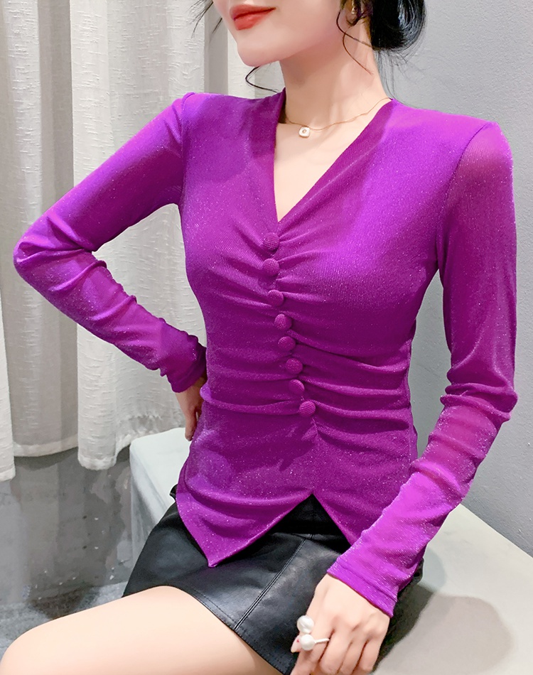 Gauze buckle long sleeve small shirt for women