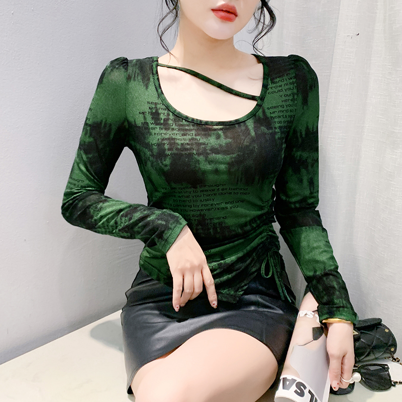 Printing slim tops drawstring irregular small shirt