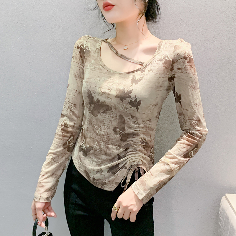 Printing slim tops drawstring irregular small shirt