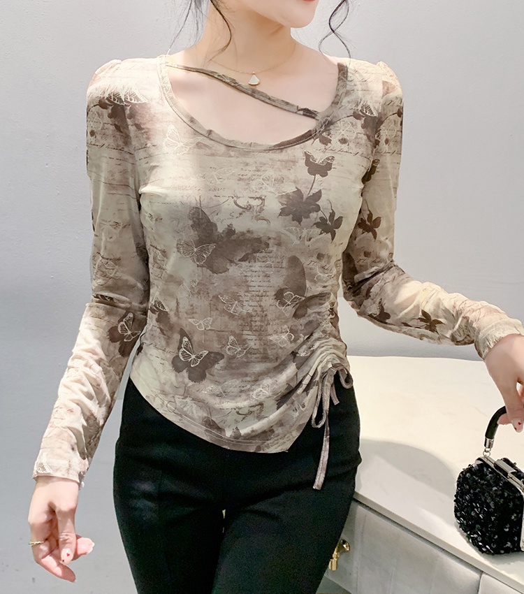 Printing slim tops drawstring irregular small shirt