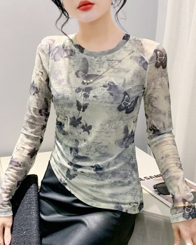 Long sleeve printing bottoming shirt with necklace tops