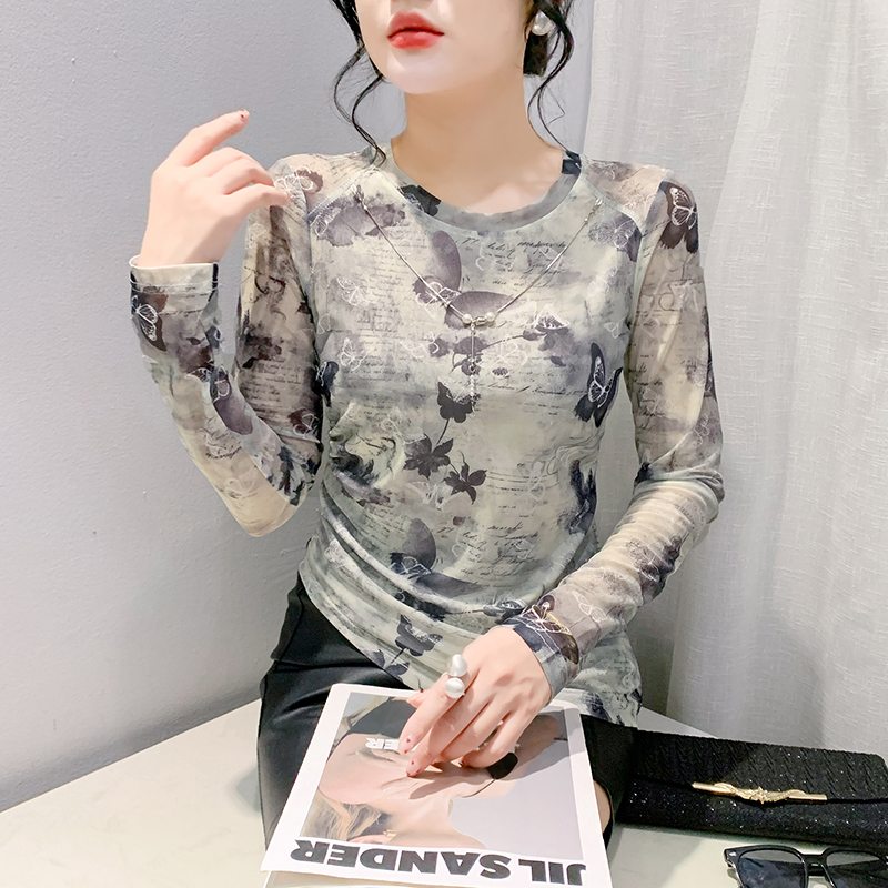 Long sleeve printing bottoming shirt with necklace tops