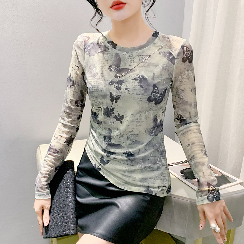 Long sleeve printing bottoming shirt with necklace tops