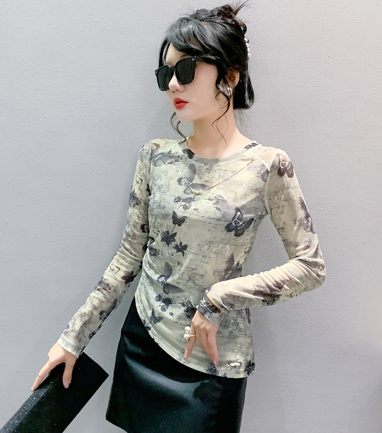 Long sleeve printing bottoming shirt with necklace tops