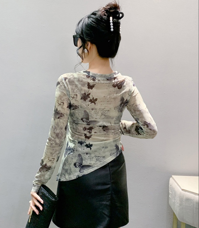 Long sleeve printing bottoming shirt with necklace tops