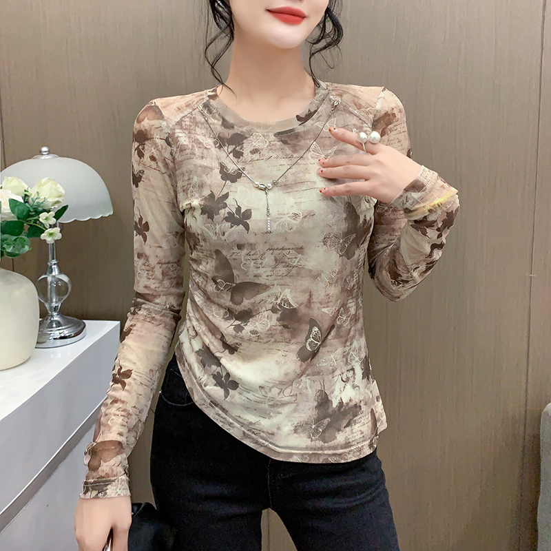 Long sleeve printing bottoming shirt with necklace tops