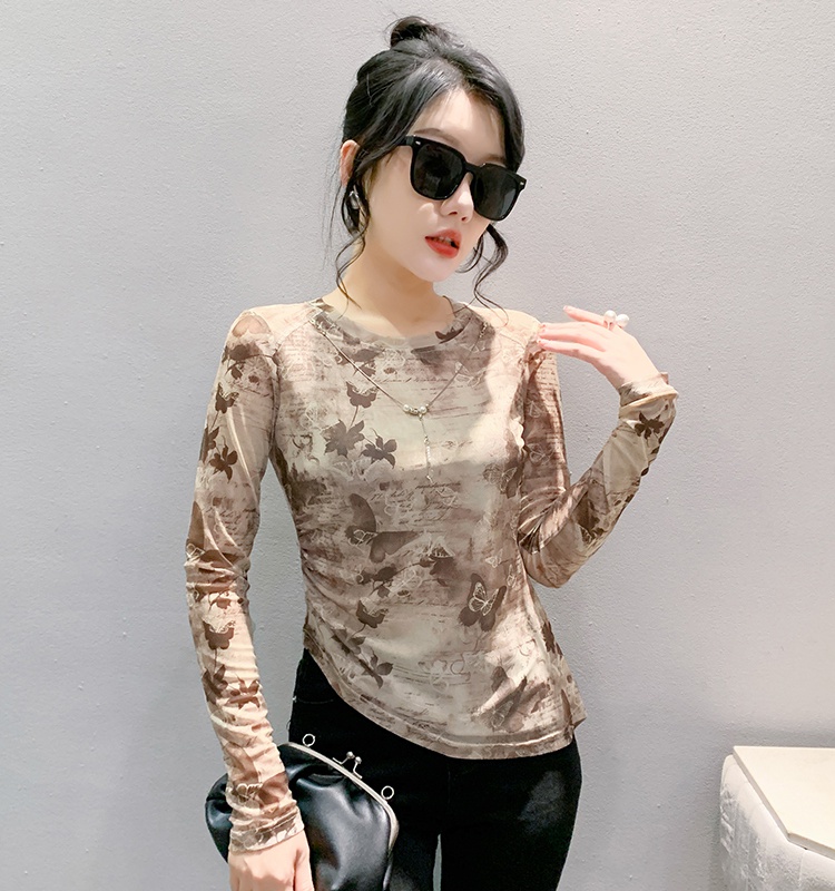 Long sleeve printing bottoming shirt with necklace tops