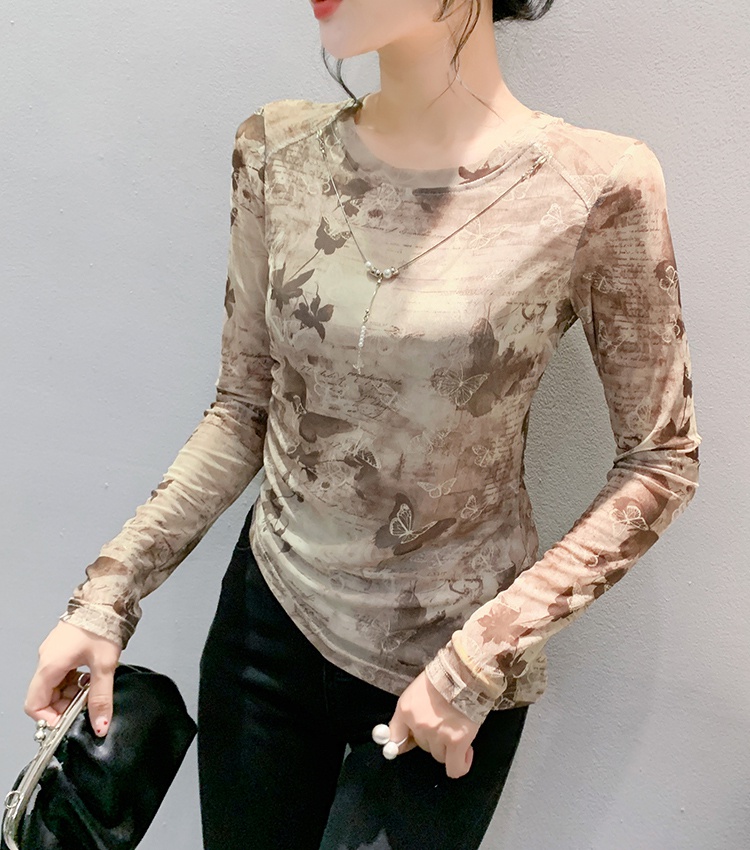 Long sleeve printing bottoming shirt with necklace tops