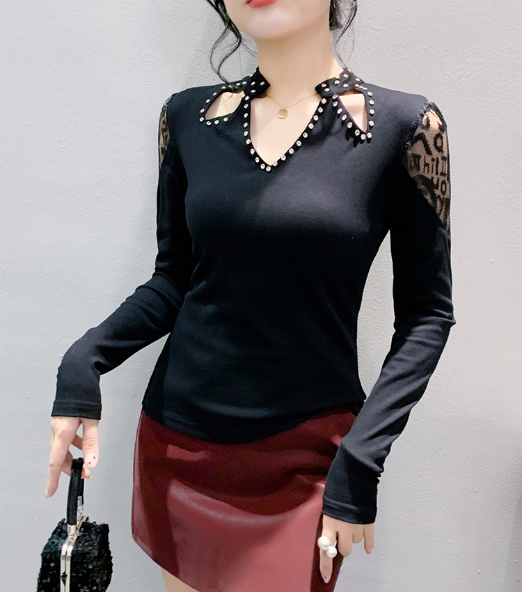 Lace unique light luxury tops beading slim bottoming shirt