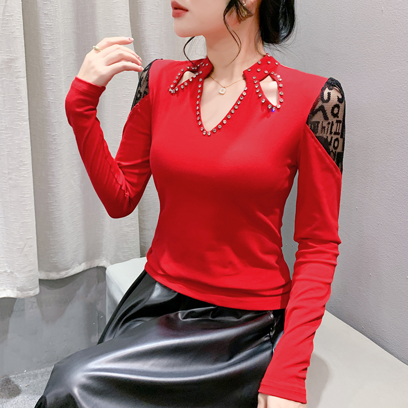 Lace unique light luxury tops beading slim bottoming shirt