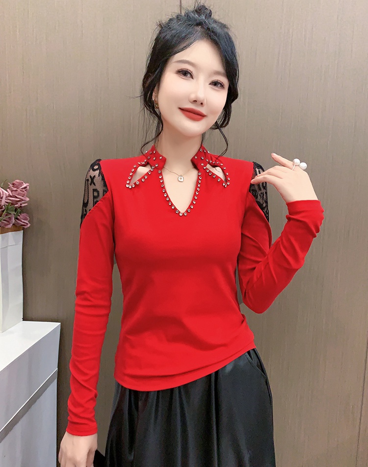 Lace unique light luxury tops beading slim bottoming shirt