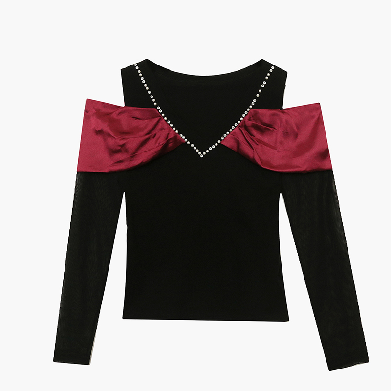 Rhinestone long sleeve tops slim unique bottoming shirt