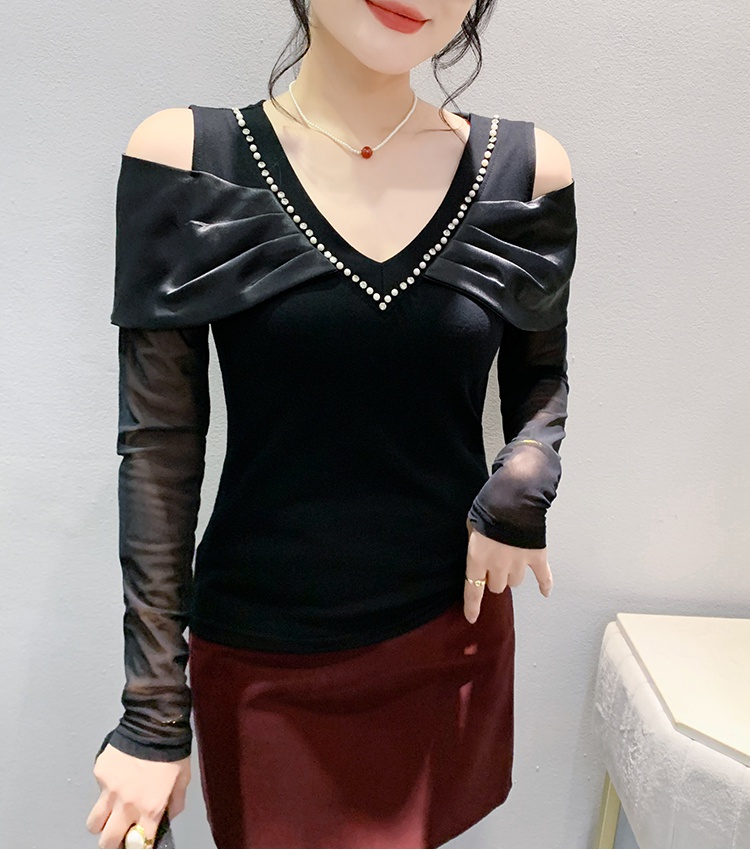 Rhinestone long sleeve tops slim unique bottoming shirt