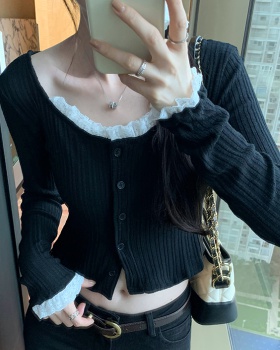 Korean style Casual T-shirt black lace collar tops