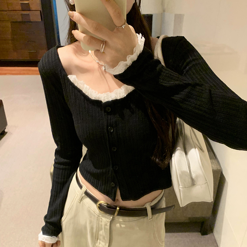 Korean style Casual T-shirt black lace collar tops