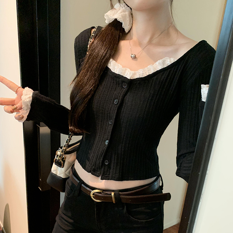 Korean style Casual T-shirt black lace collar tops