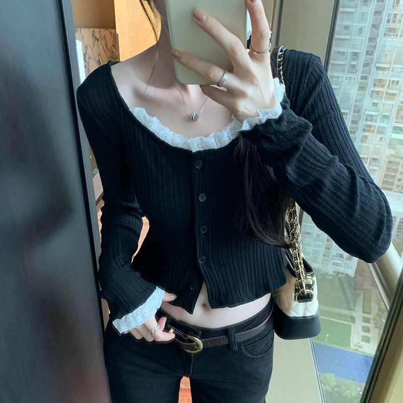 Korean style Casual T-shirt black lace collar tops