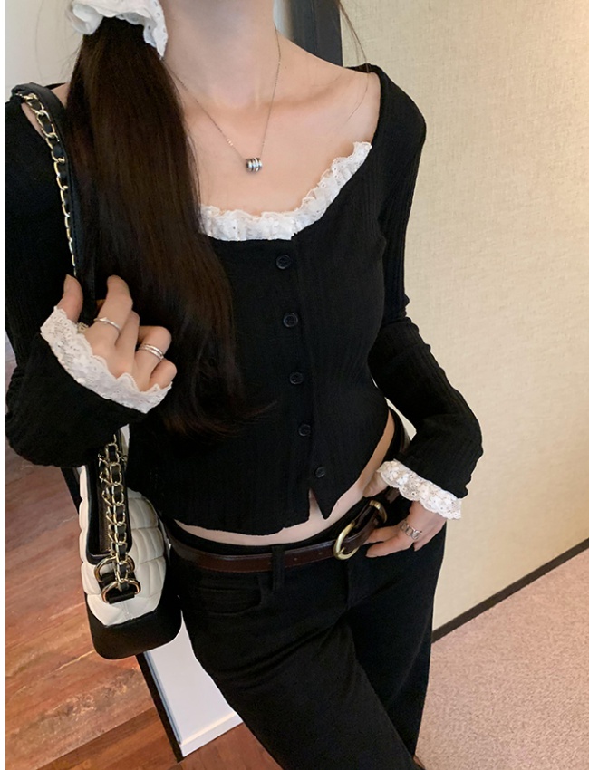 Korean style Casual T-shirt black lace collar tops