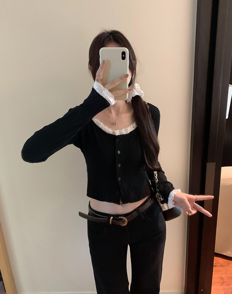 Korean style Casual T-shirt black lace collar tops