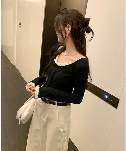 Korean style Casual T-shirt black lace collar tops