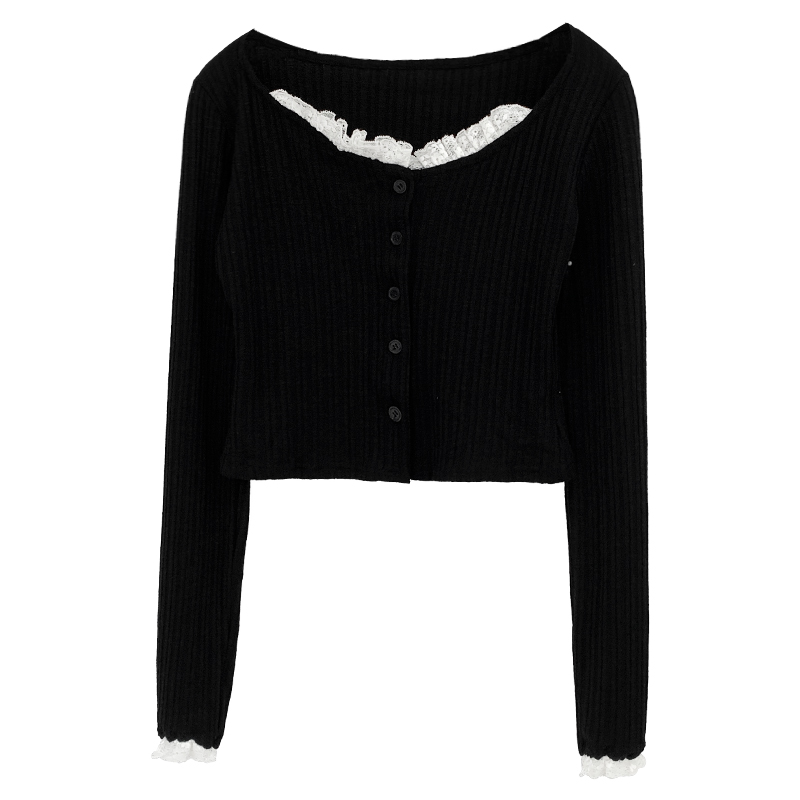 Korean style Casual T-shirt black lace collar tops