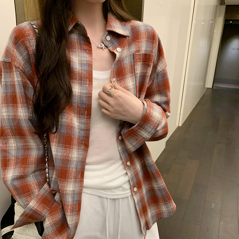 Japanese style plaid temperament tops red commuting shirt