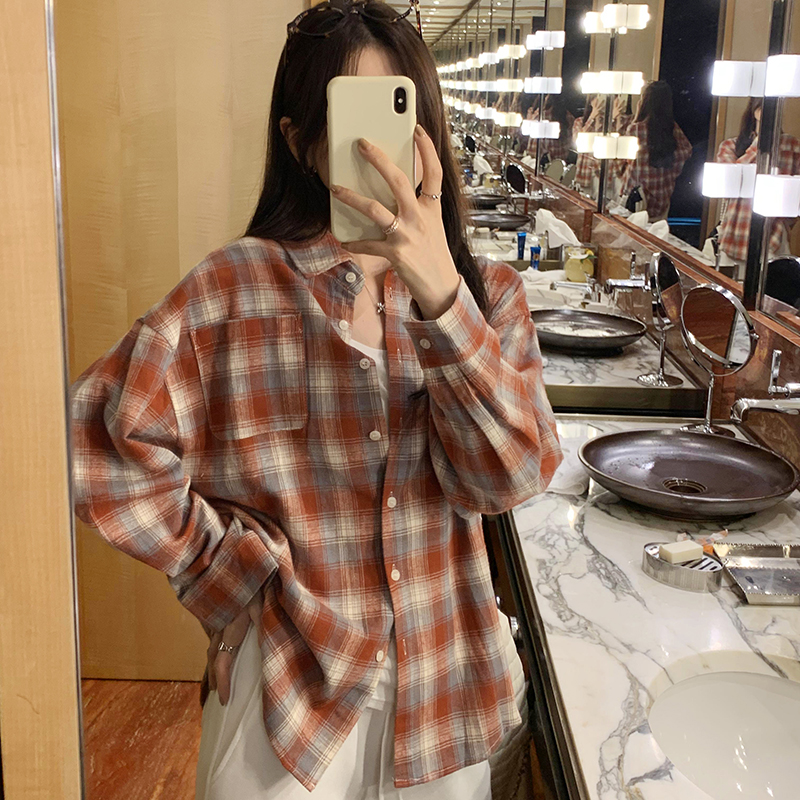 Japanese style plaid temperament tops red commuting shirt