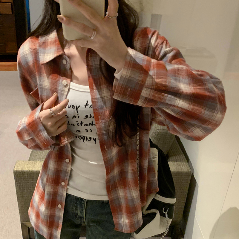 Japanese style plaid temperament tops red commuting shirt