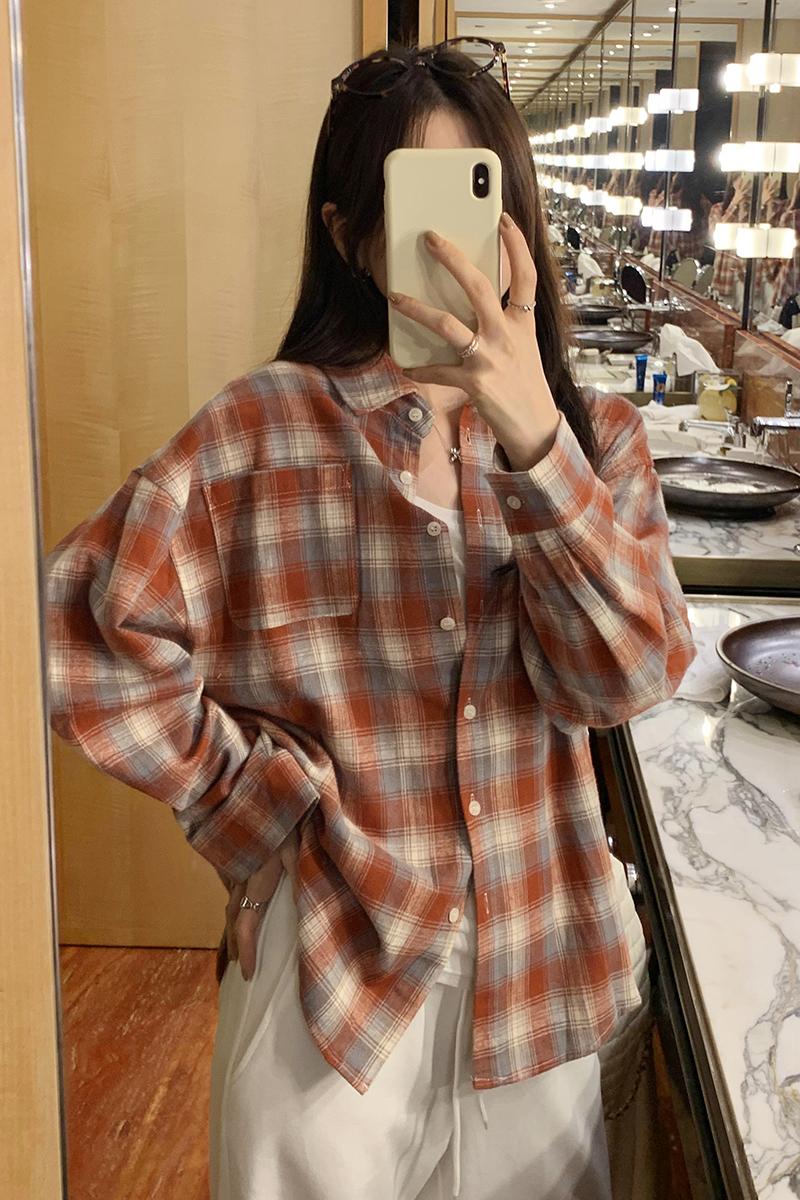 Japanese style plaid temperament tops red commuting shirt