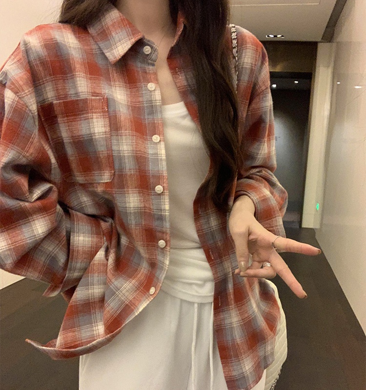 Japanese style plaid temperament tops red commuting shirt