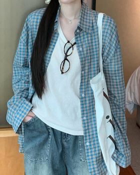 Summer blue stamp shirt Korean style temperament tops for women