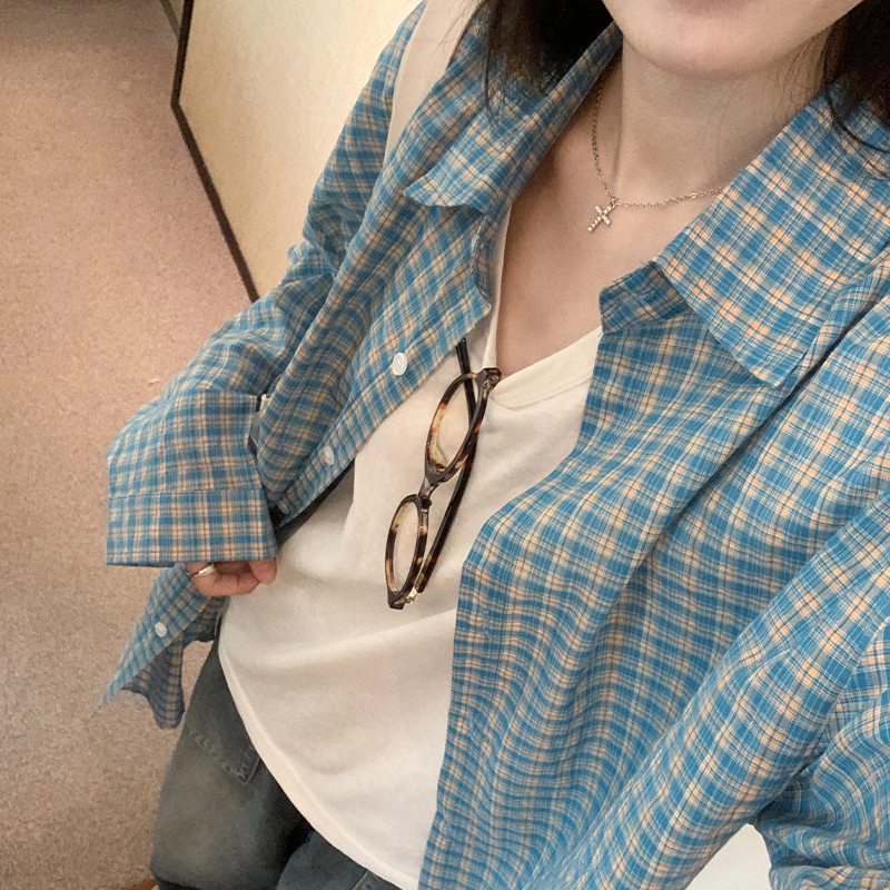 Summer blue stamp shirt Korean style temperament tops for women