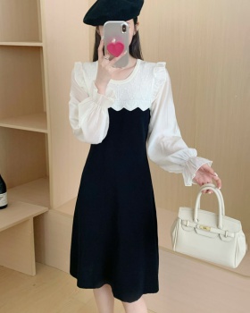 Autumn France style light luxury slim splice knitted dress