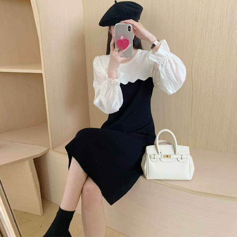 Autumn France style light luxury slim splice knitted dress