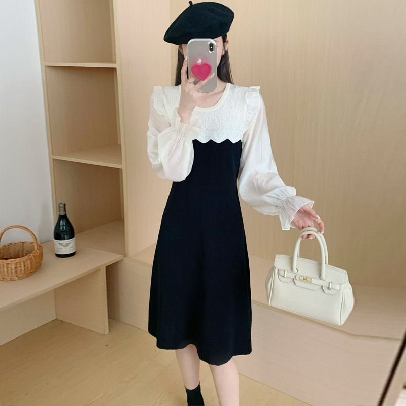 Autumn France style light luxury slim splice knitted dress