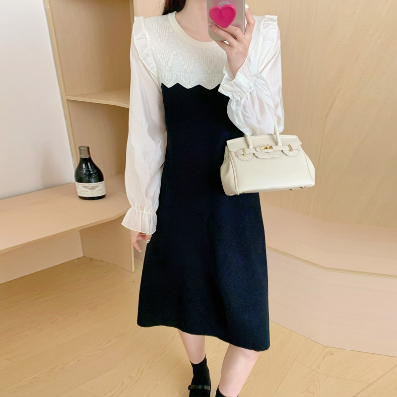 Autumn France style light luxury slim splice knitted dress