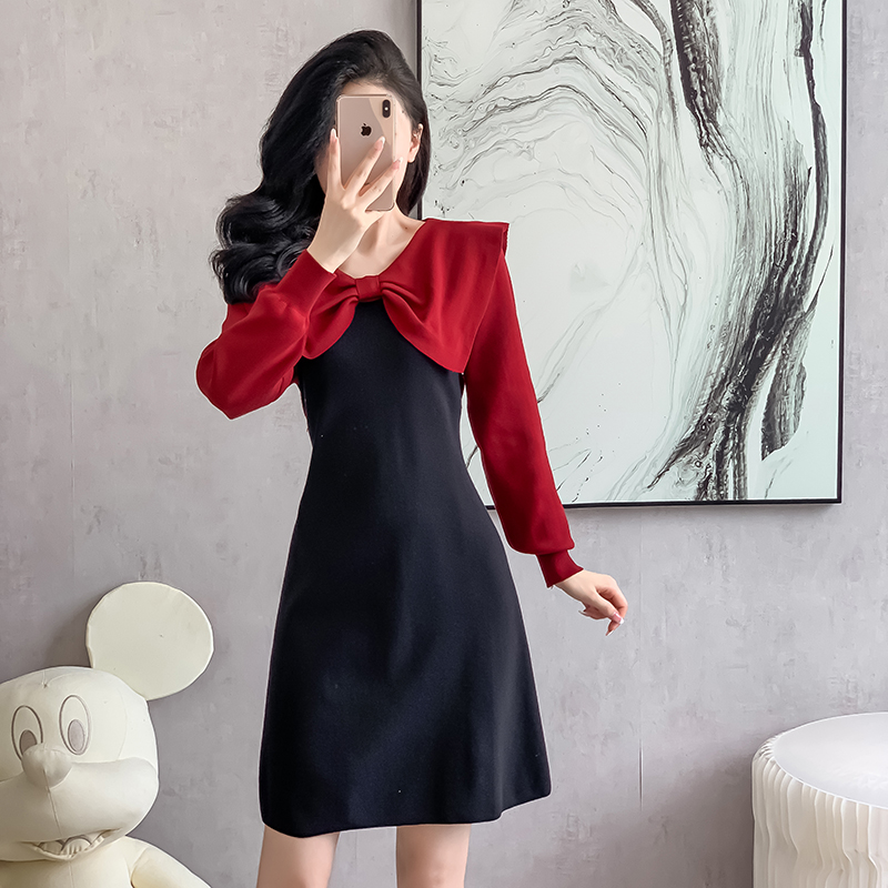 Fashion bow collar autumn and winter dress