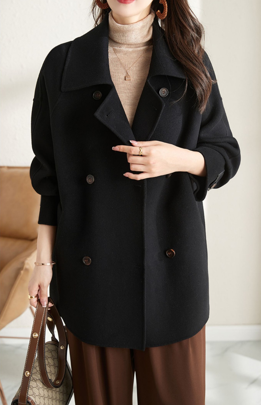 All-match woolen coat double-breasted coat for women